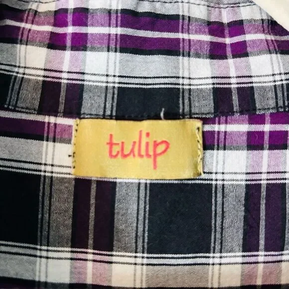 Tulip plaid cotton asymmetrical flounce back black purple white button up tunic - Picture 8 of 11